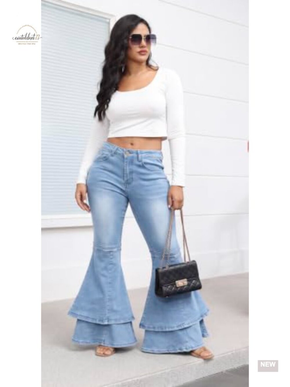 Stretch Ruffle Layered Hem Flared Bell Bottom Jeans - Picture 4 of 6